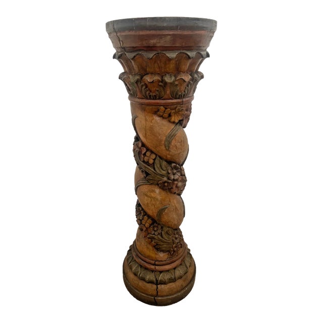 Antique Italian Style Column Bust Plant Stand Pedestal Hand Carved Solid Wood For Sale