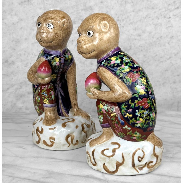 Brown Vintage Chinese Chinoiserie Porcelain Monkey Holding Peach Sculpture - A Pair For Sale - Image 8 of 10