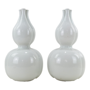 Pair of Mid 20th Century Celadon Glazed Triple-Neck Double Gourd Vases