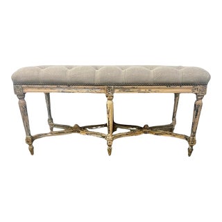 French Louis XVI Style Painted Bench W/ Belgium Linen For Sale