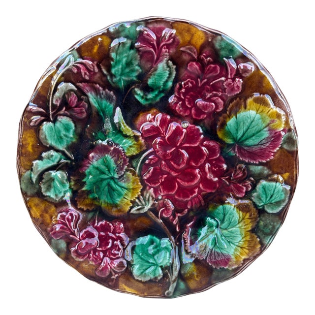 English Majolica Geranium Plate Circa 1880 For Sale