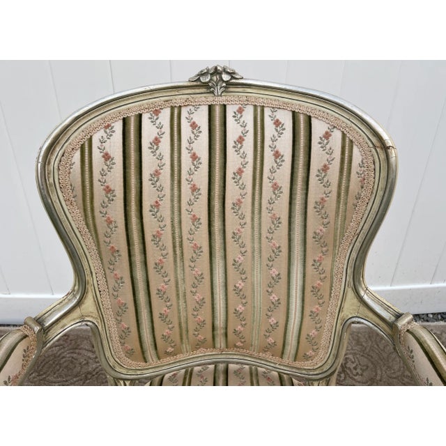 Wood Painted Wood Arm Chair Vintage Venetian Style Carved Cream Green Floral Stripe For Sale - Image 7 of 13