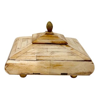 1970s Maitland Smith Style Bone Inlaid Box With Brass Finial For Sale