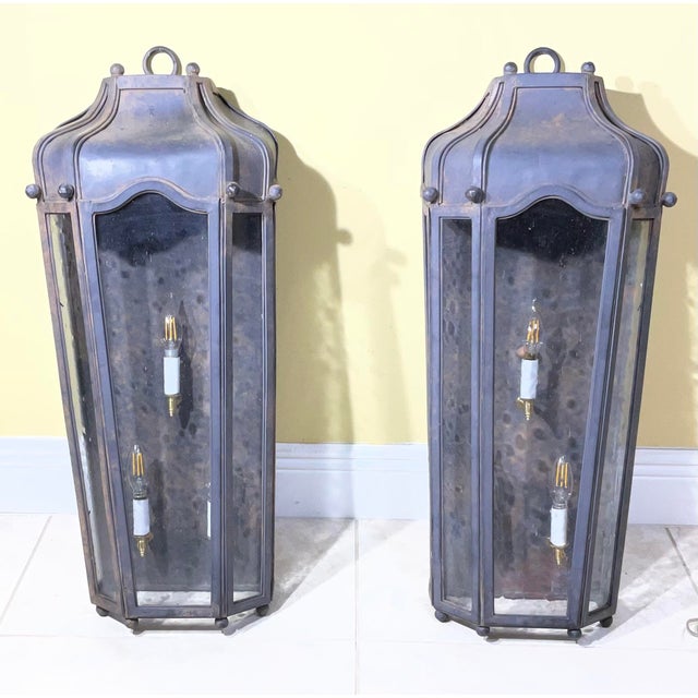 Large Exceptional Pair of Hand-Forged Iron Wall Lanterns Architectural Sconces For Sale - Image 11 of 14