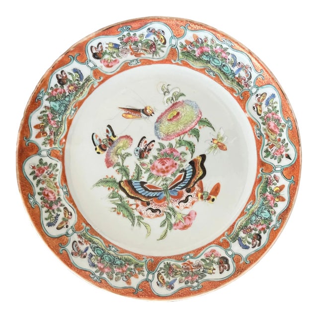 Antique Early 19th Century Chinese Export Porcelain Plate With Rose Medallion Decoration of Butterflies and Insects For Sale