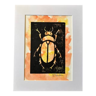Original Hand-Carved Linocut Print Beetle With Watercolor - Golden Hour Variant For Sale