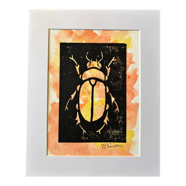 Original Hand-Carved Linocut Print Beetle With Watercolor - Golden Hour Variant For Sale