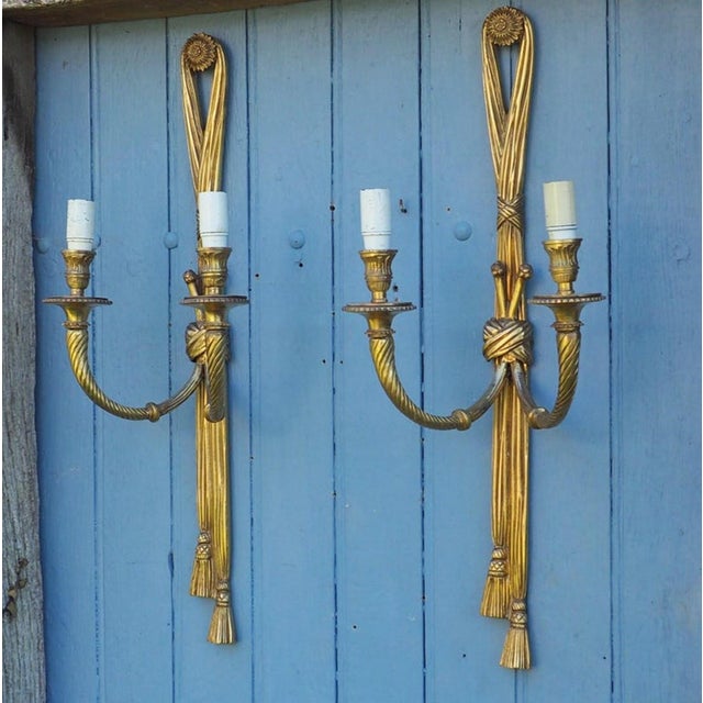 Large Antique Louis XVI Style Rope Tassel Wall Lights in Gilt Bronze, 1890s, Set of 2 For Sale - Image 3 of 18