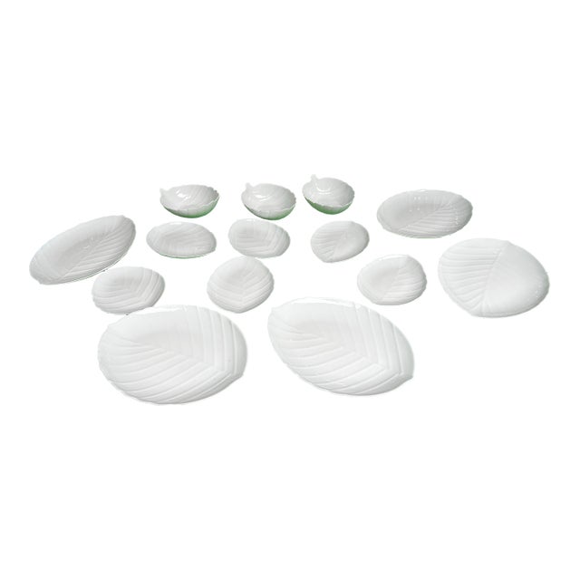 1970s Collection of Milk Glass Leaf Design Serving Dishes- Set of 14 For Sale