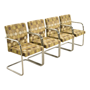 Mies Van Der Rohe Brno Style Mid-Century Modern Chrome Tubular Cantilever Club Chairs, Set of Four