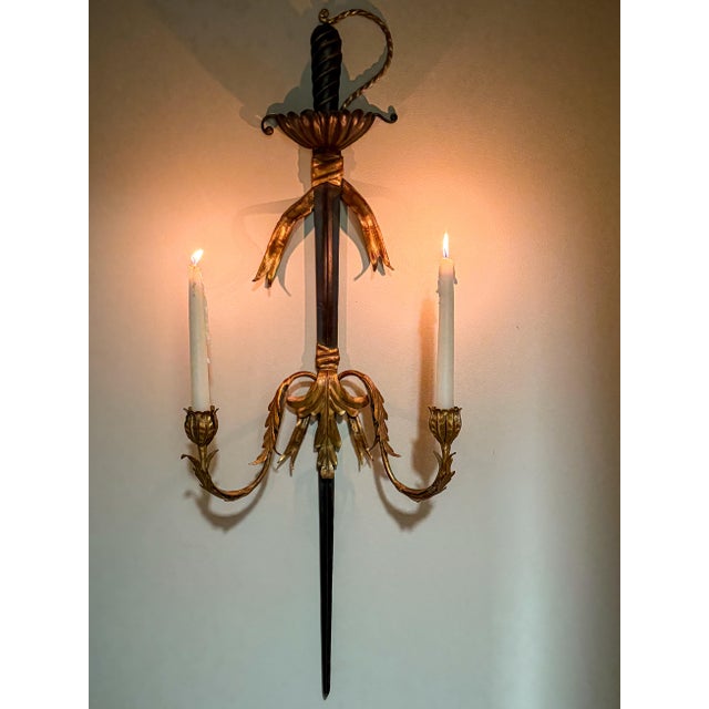 Hollywood Regency Gilt Iron Sword Form Two Arm Candle Wall Sconce, 36”h For Sale - Image 11 of 11