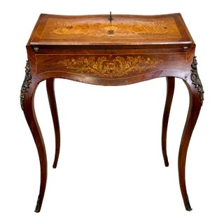 Antique French Louis XV Style Ormolu Mounted Marquetry Inlaid Slant Front Ladies Desk For Sale