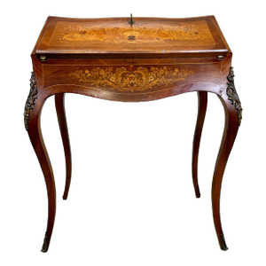 Antique French Louis XV Style Ormolu Mounted Marquetry Inlaid Slant Front Ladies Desk