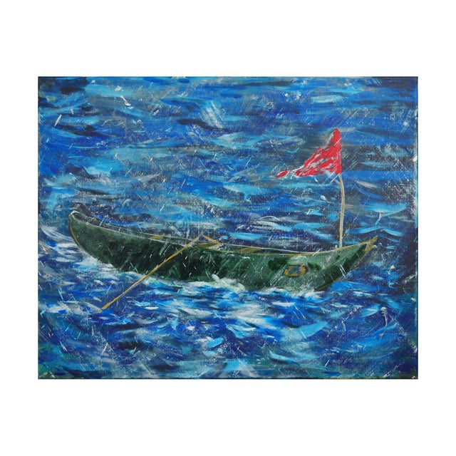 Dark blue seascape landscape by Houston, TX artist Moisés Villafuerte. The painting depicts a stormy sea with a green...