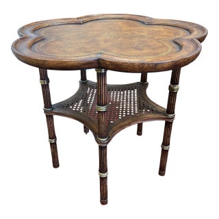 Vintage Scalloped Edge Leather Wrapped Top Occasional / Accent Table For Sale