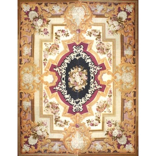 Antique French Aubusson Tapestry Wool 14x17 Tan, Ivory & Black Handmade Area Rug #9902078 For Sale