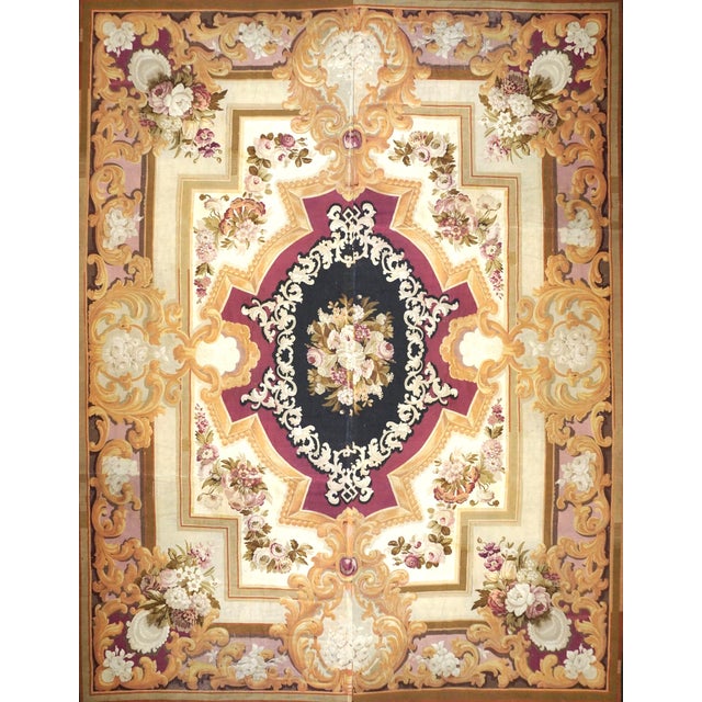 Antique French Aubusson Tapestry Wool 14x17 Tan, Ivory & Black Handmade Area Rug #9902078 For Sale