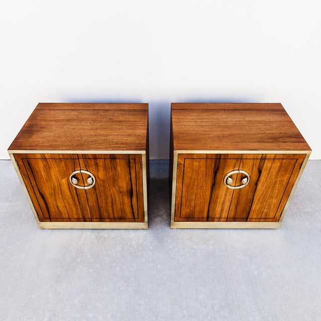 Brown 1970s Pair of Restored Mastercraft Zebrawood and Brass Mid Century Nightstands For Sale - Image 8 of 12
