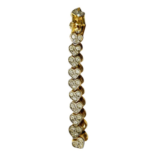 Mid-Century Modern Vintage Gold Tone Pave Rhinestone Heart Tennis Bracelet For Sale - Image 3 of 8
