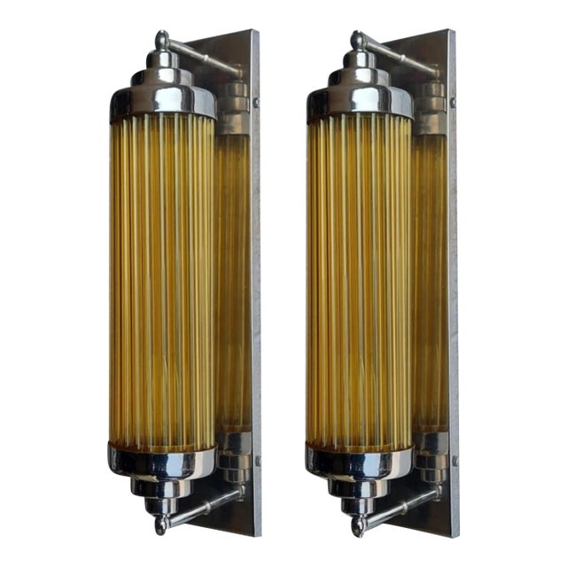 Vintage Art Deco Rod Ship Light Skyscraper Lamp Wall Sconces in Nickel Brass & Amber Glass - a Pair For Sale
