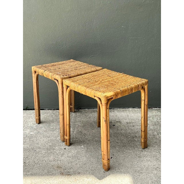 Wood Vintage Woven Rattan Side Tables - Pair For Sale - Image 7 of 16