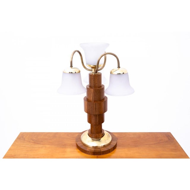 Stylish Art Deco lamp, Poland, mid-20th century. Very good condition, after professional renovation. Wood: walnut...