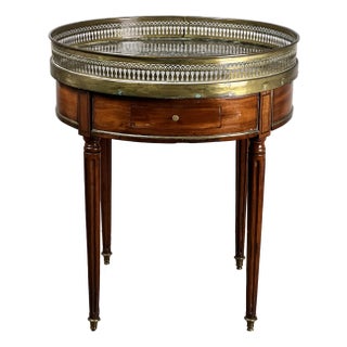 Antique 19th Century French Louis XVI-Style Mahogany Bouillotte Table With Marble Top and Pierced Brass Gallery For Sale