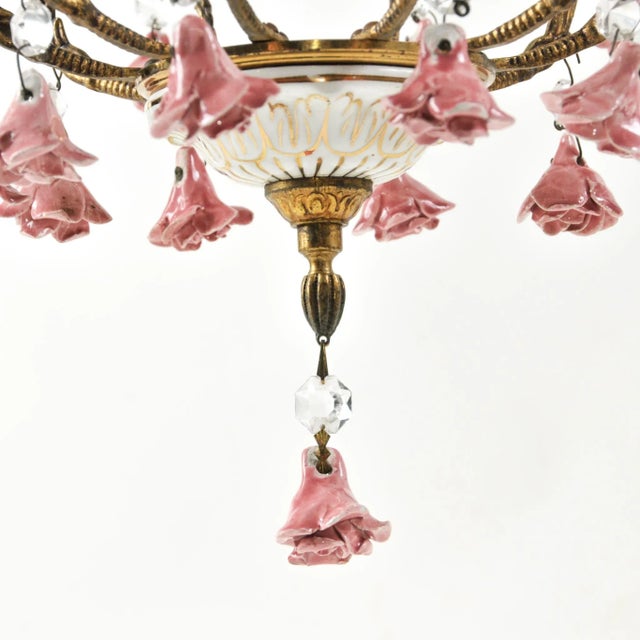 Brass Vintage Petite European Brass and Ceramic Rose Chandelier For Sale - Image 8 of 14