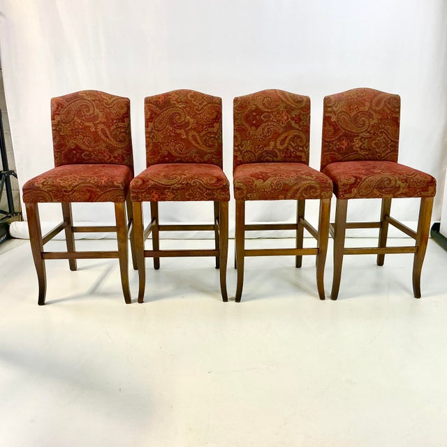 Traditional 1980s Vintage Regency Empire Italian Boho Chic Upholstered Bar Stools - Set of 4. For Sale - Image 3 of 14