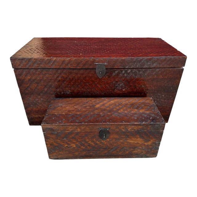 Pair of Rustic Distressed Wood Storage Trunks For Sale