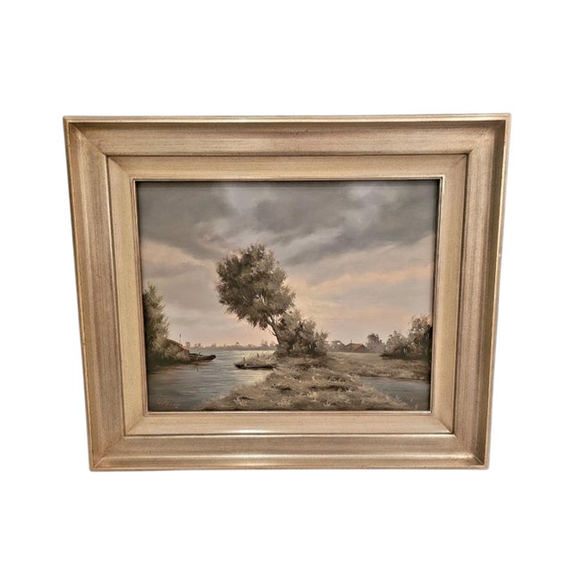 W. Kroon, Dutch River Landscape with Boats & Countryside, 1930s, Oil Painting, Framed For Sale - Image 9 of 9