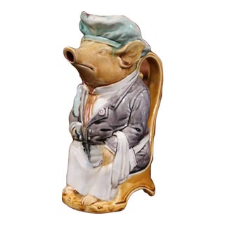 19th Century French Hand Painted Ceramic Barbotine Pig Pitcher by Onnaing For Sale