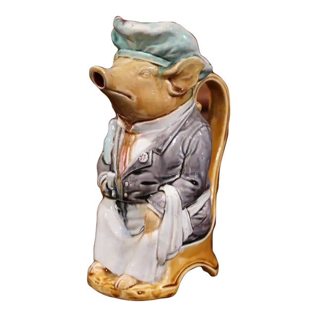 19th Century French Hand Painted Ceramic Barbotine Pig Pitcher by Onnaing For Sale