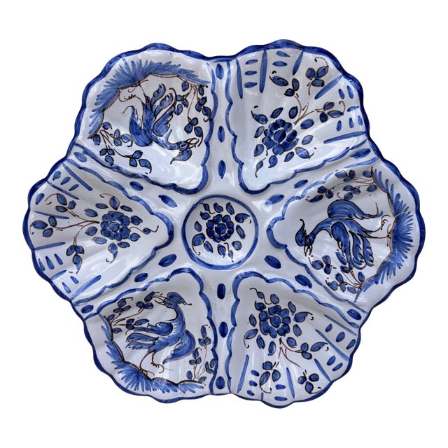 French Blue & White Faience Oyster Plate Moustiers Style, Circa 1940 For Sale