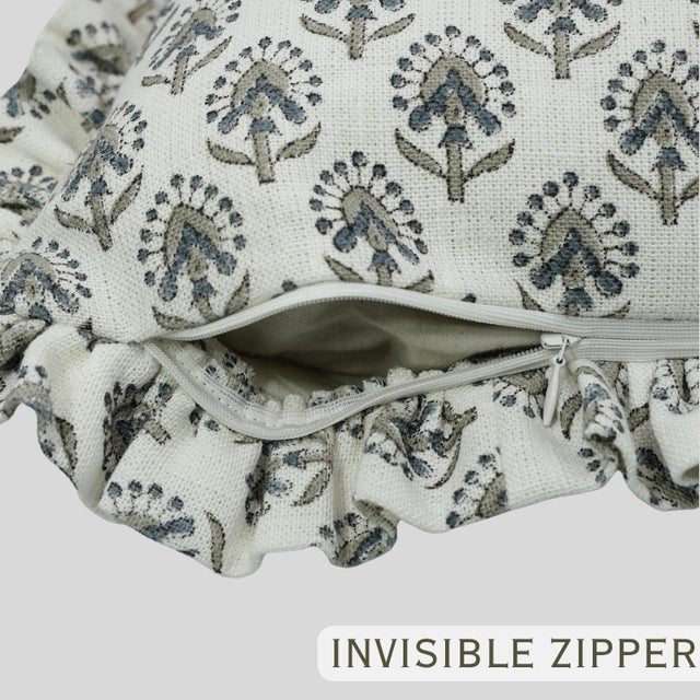 Art Deco Block Print Boho Frill Pillow Cover Handmade Floral, Double-Sided 12x20 Inch- Gurukul For Sale - Image 3 of 6