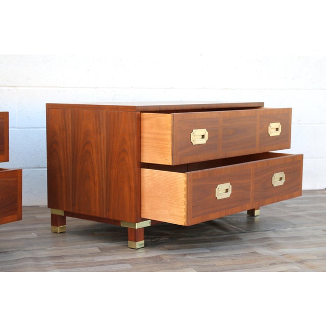 1960s Pair of Mid-Century Modern Campaign Walnut Nightstands by Baker Milling Road | Brass Hardware, Circa 1960s For Sale - Image 5 of 18