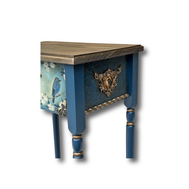 Hand-Painted Blue Birds Console Table – Solid Wood Entryway Accent Furniture For Sale - Image 4 of 12