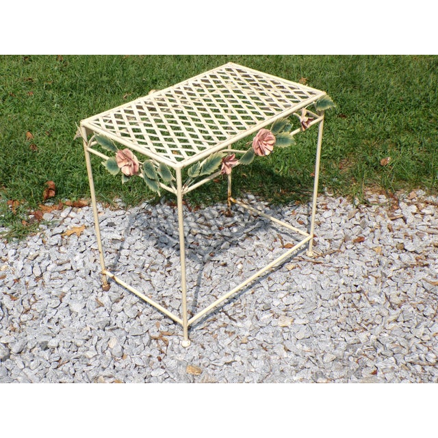 Shabby Chic Vintage Tole Metal Wrought Iron Patio Side End Table Garden Plant Stand For Sale - Image 3 of 14