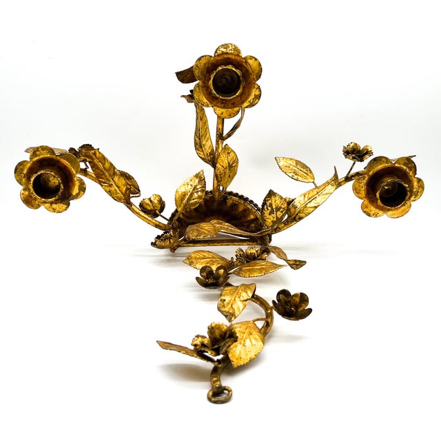 Mid-Century Modern Vintage Italian Gilt Tole Floral Three Arm Wall Sconce — Hollywood Regency / Florentine For Sale - Image 3 of 12