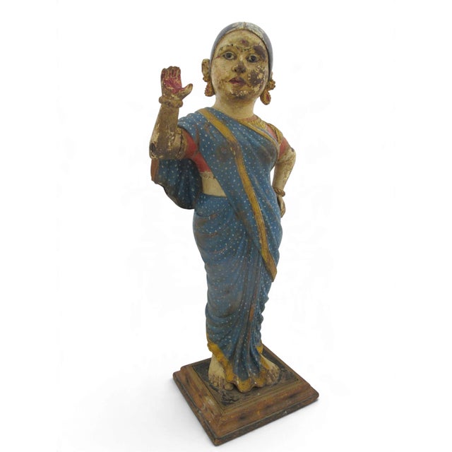 Indian Hindu Female Attendant Abhaya Mudra Carved Wood Folk Art Statue For Sale - Image 9 of 12