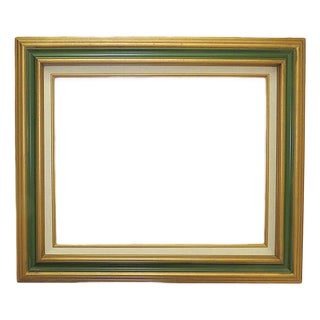Vintage Wood Picture Frame Gold & Green W/ White Linen Liner Fits 16" X 20" Rabbet Opening For Sale