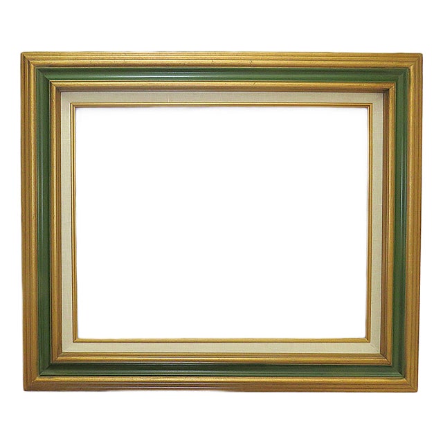 Vintage Wood Picture Frame Gold & Green W/ White Linen Liner Fits 16" X 20" Rabbet Opening For Sale