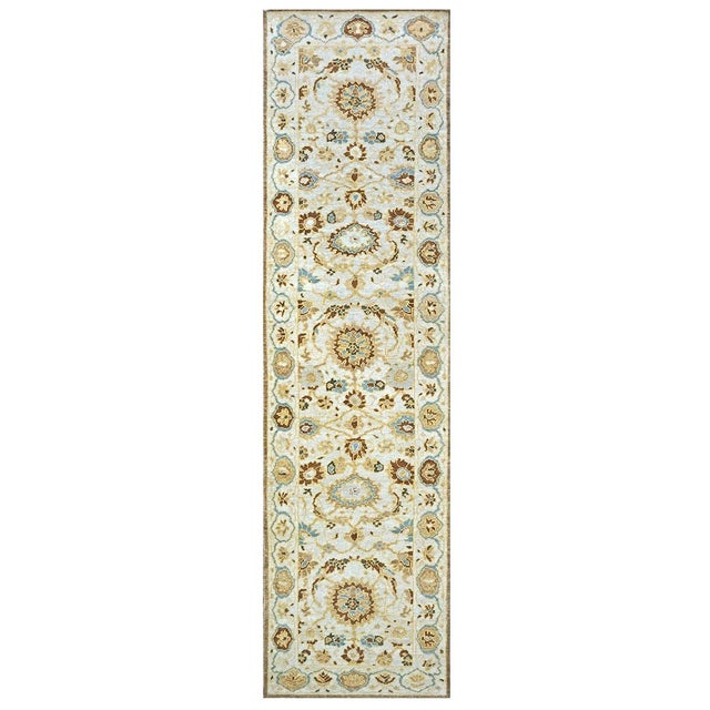 Persian Sultanabad Wool 3x10 Ivory, Light Blue & Gold Handmade Runner Rug #1143675 For Sale