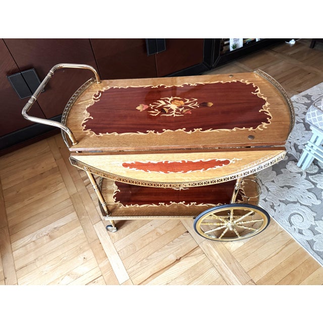 Wood Vintage Brass and Marquetry Bar Cart, Italian Style Drinks Trolley with Folding Leaves, 1960s, 1970s For Sale - Image 7 of 18