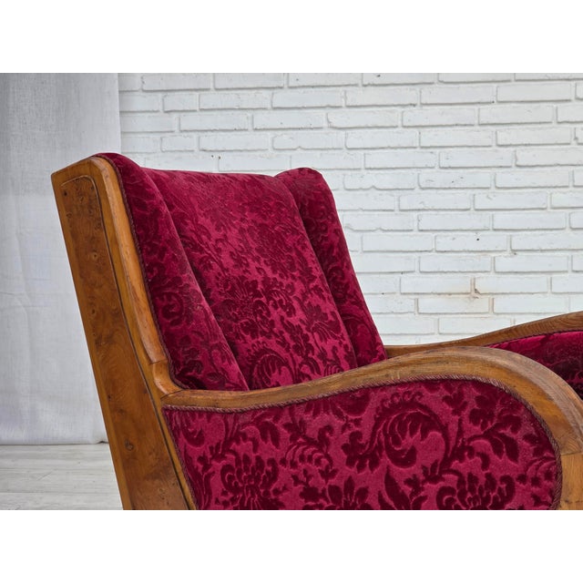 Danish Relax Armchair in Red Furniture Velour and Oak Wood, 1950s For Sale - Image 4 of 18