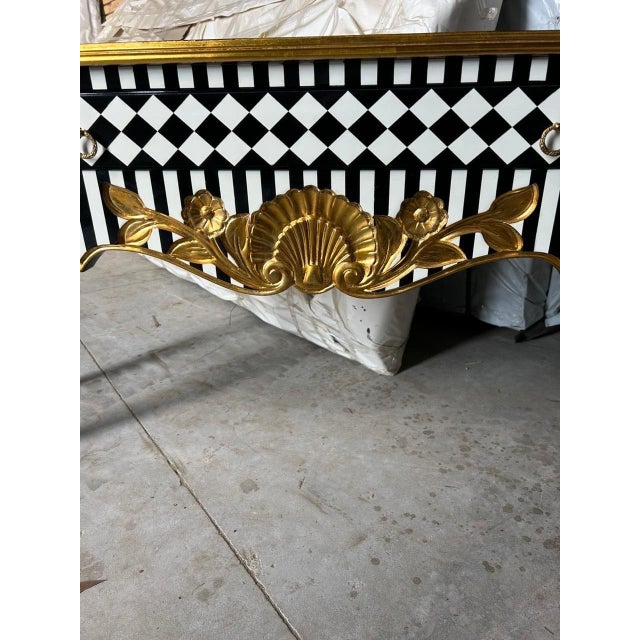 Rococo 1960s Unique Louis XV Courtly checkered Handmade 3 drawers console Table- Blk|Wht|gld For Sale - Image 3 of 5