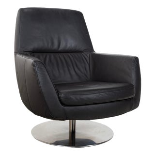 Black Leather and Chrome Swivel Lounge Chair For Sale