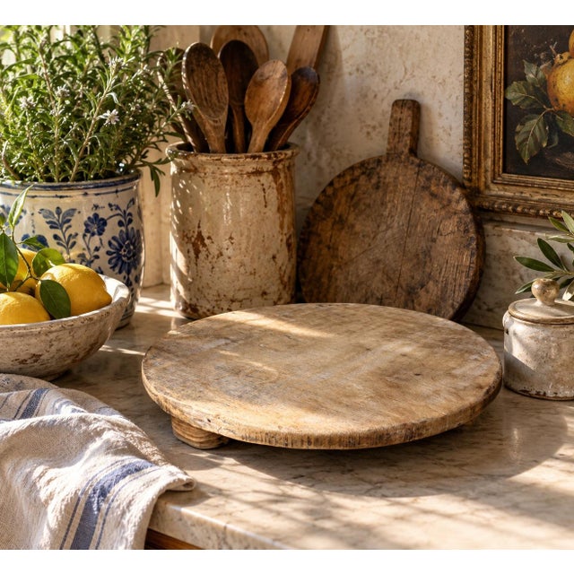 A wonderfully timeworn late 19th-century round cutting board, hand carved from solid wood and bearing the unmistakable...
