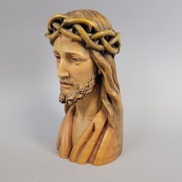 Anri Hand-Carved Wood Bust of Christ With Crown of Thorns – Italy, Mid-Century For Sale In Raleigh - Image 6 of 13