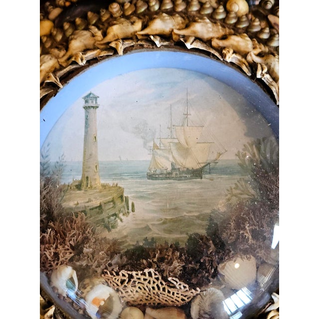 Traditional Edwardian Shellwork Valentine Diorama of a Ship Passing Lighthouse For Sale - Image 3 of 18